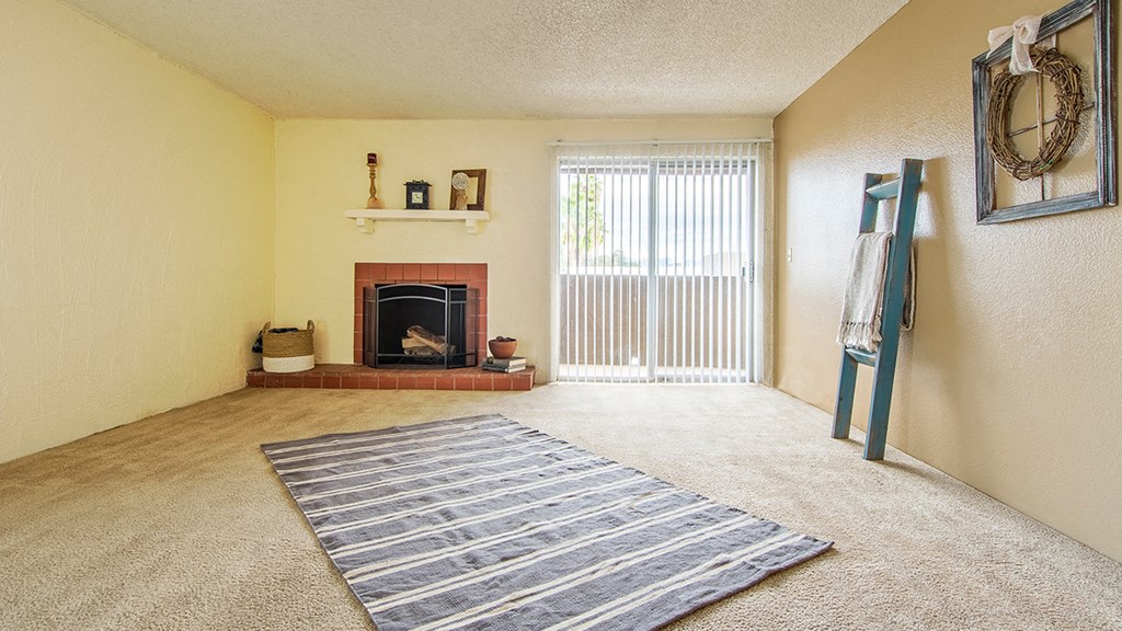 Cottonwood Creek fireplace in living room with back sliding door.