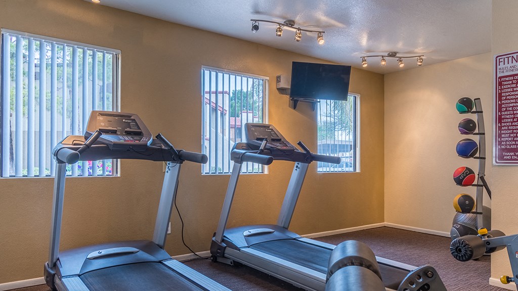 fitness center with large windows and tv and treadmills