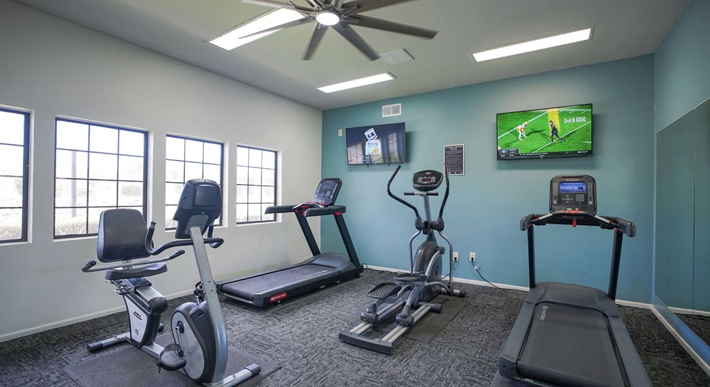 A gym with treadmills, exercise bikes, and a television playing a soccer game.