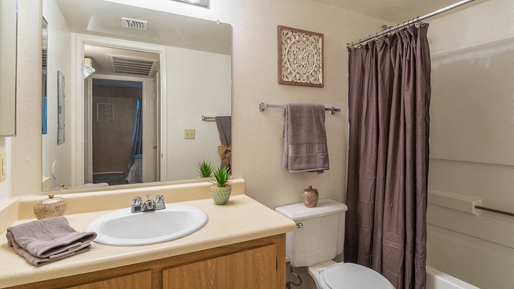 Cantera bathroom with sink, shower, and drawers