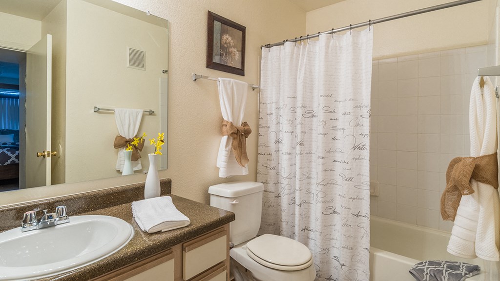 Cantera bathroom with shower, sink, and drawers