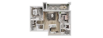 A white floor plan of a house with a kitchen, living room, and bathroom.