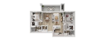 A 3D floor plan of a small apartment with a kitchen, living room, and bathroom.