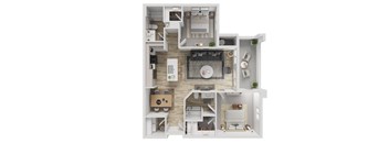 A 3D floor plan of a small apartment with a kitchen, living room, and bathroom.