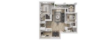 A 3D rendered image of a house layout.