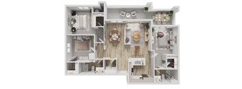 A 3D floor plan of a small apartment with a kitchen, living room, and bedroom.