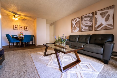A living room with a black couch, a glass coffee table, and a rug.