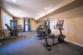 A gym with a variety of equipment including a treadmill, a stationary bike, and a rowing machine.