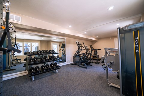 A gym with a variety of equipment including weights, a treadmill, and a stationary bike.