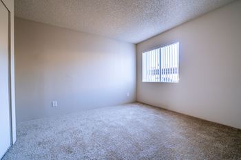 A room with a carpeted floor and a window with blinds.