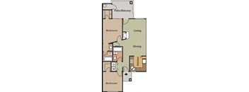 La Reserve 2A Floor Plan with the Bedrooms and bathrooms on the left side, dining, living and kitchen area on the right with the patio/balcony on the top.