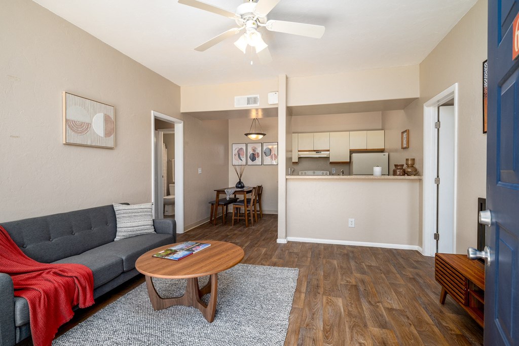 a living room with a couch and a coffee table