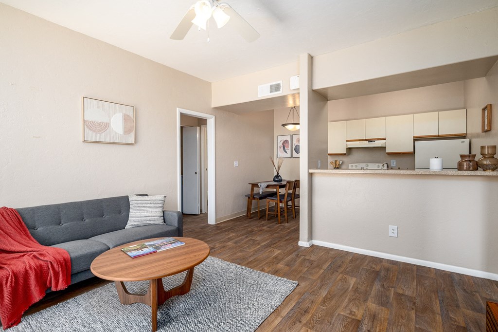 a living room with a couch and a coffee table