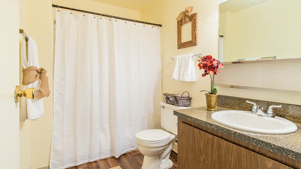 Cottonwood Creek large bathroom with brown cabinetry.