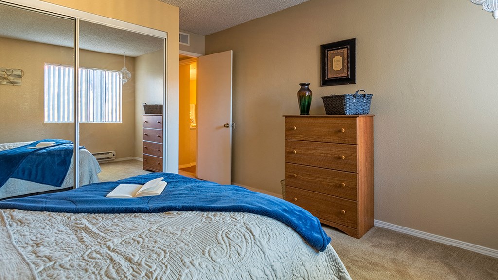 Rio Vista spacious bedroom with natural lighting and carpet flooring