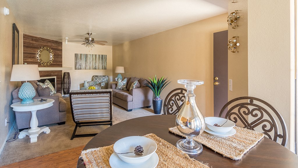 Arboretum living room with ceiling fan