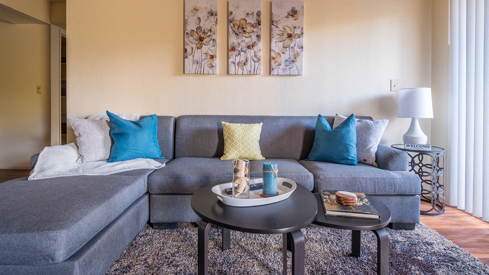 a living room with a couch and a coffee table