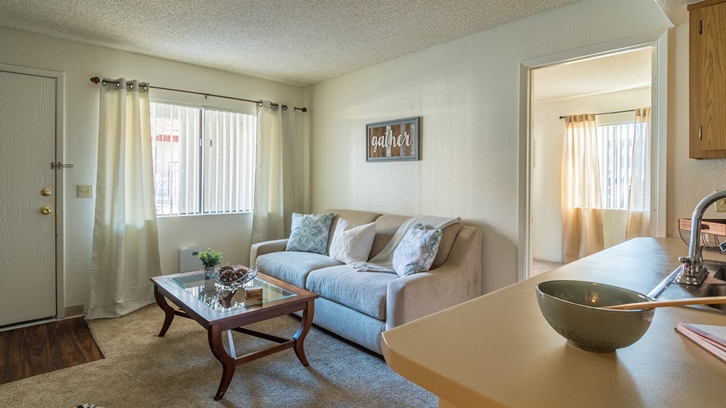 Canyon creek living room with cozy couches and plenty of natural light
