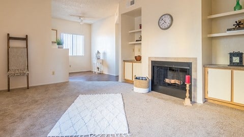 the view of a living room with a fireplace and a rug