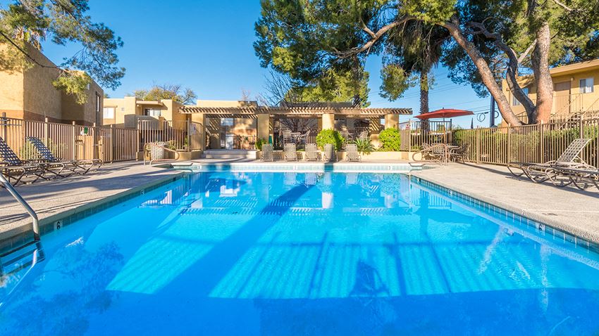 Rio Vista pool view with plenty of lounge area and tall trees surrounding - Photo Gallery 1