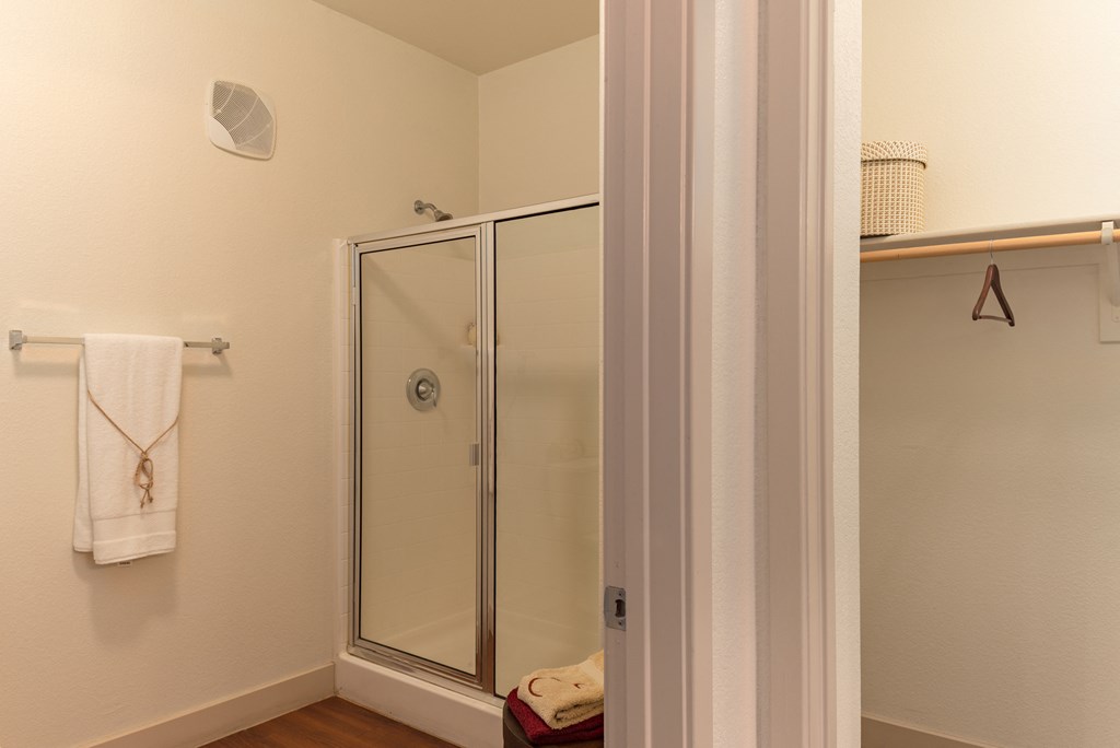 a bathroom with a shower and a towel rack