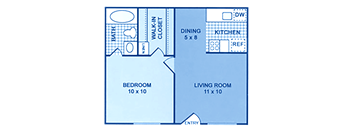 A floorplan showing one bedroom and one bath.