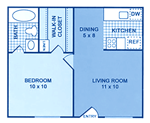A floorplan showing one bedroom and one bath.