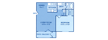 A floorplan showing one bedroom and one bath.