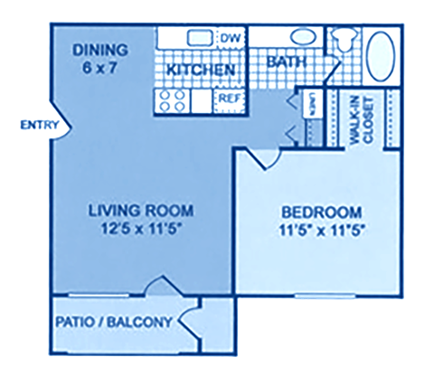 A floorplan showing one bedroom and one bath.