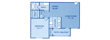 A floorplan showing one bedroom and one bath.