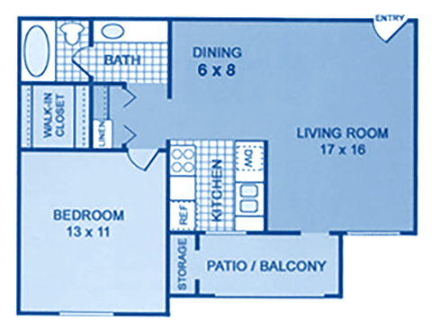 A floorplan showing one bedroom and one bath.