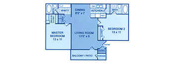 A floorplan showing two bedrooms and two bathrooms.