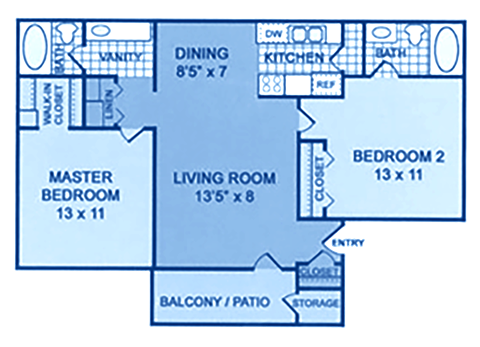 A floorplan showing two bedrooms and two bathrooms.