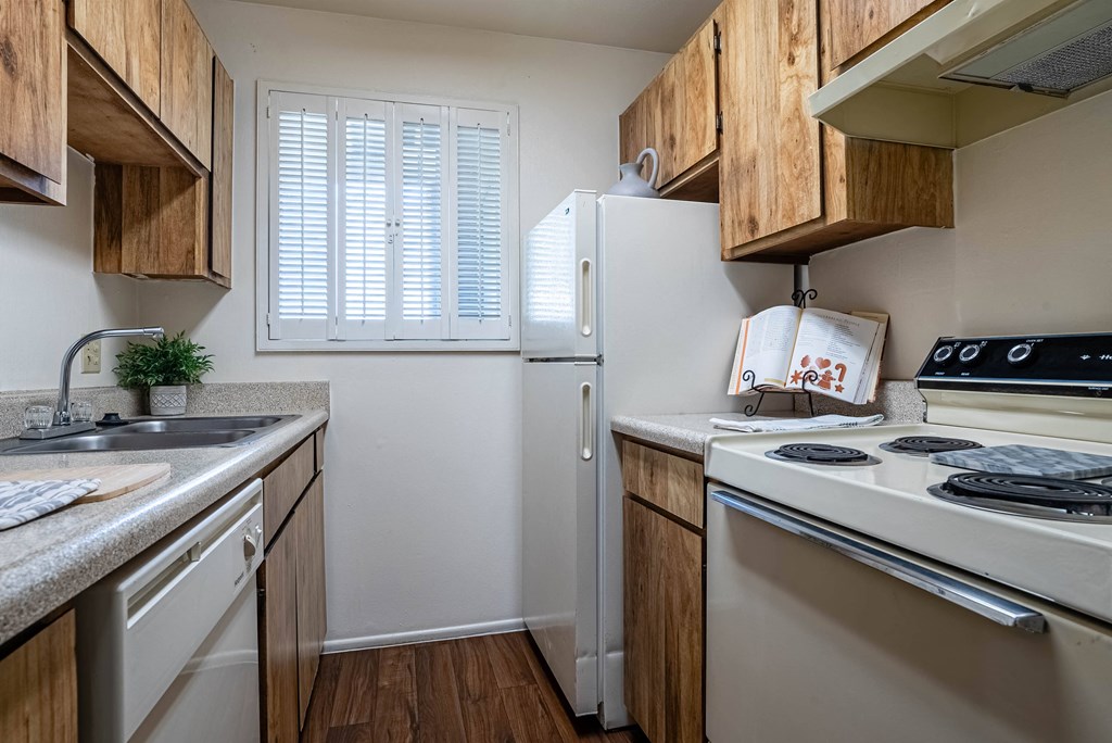 a kitchen with a stove refrigerator and sink