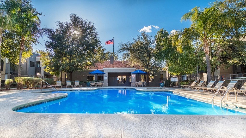 Estancia pool view with nice trees and lounging space for all