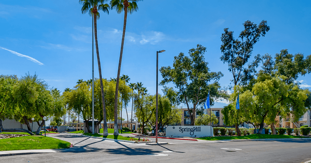 a street with palm trees in front of a building