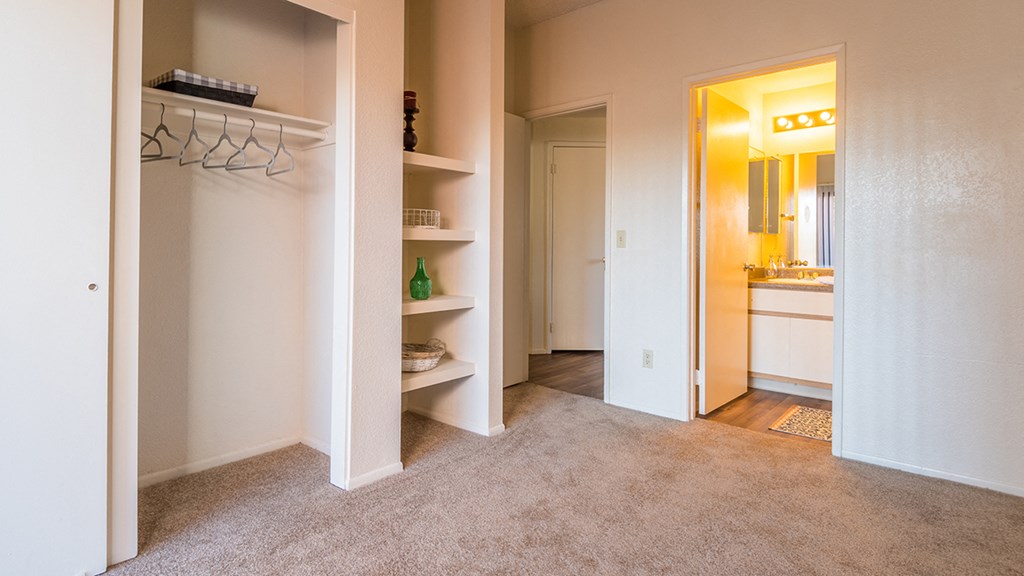 Bedroom with large closet and well lit bathroom