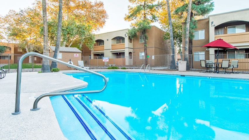 Tanglewood pool view with relaxation area and tall trees surrounding - Photo Gallery 1