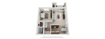 A top-down view of a small apartment with a kitchen, living room, and bedroom.