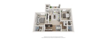 A 3D floor plan of a house with labeled rooms.