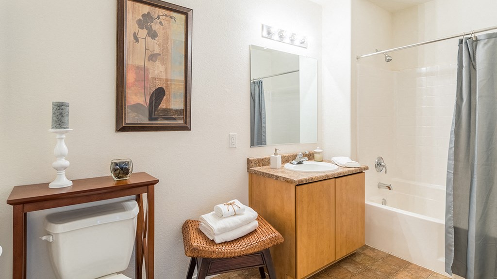 Desert Sands bathroom with tile surrounded throughout.