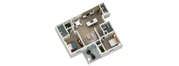 A 3D image of a house layout with a kitchen, living room, and bathroom.