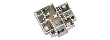 A 3D floor plan of a house with a kitchen, living room, and two bedrooms.