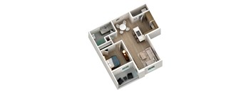 A 3D floor plan of a small apartment with a kitchen, living room, and bedroom.