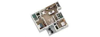 A 3D floor plan of a small apartment layout.