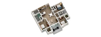 A 3D floor plan of a house with a kitchen, living room, and bedrooms.