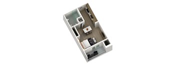 A top down view of a small apartment with a living room, kitchen, and bathroom.