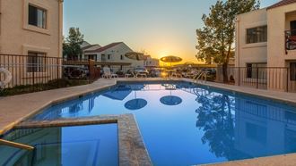 Canyon creek pool and hot tub view with plenty of relaxation areas