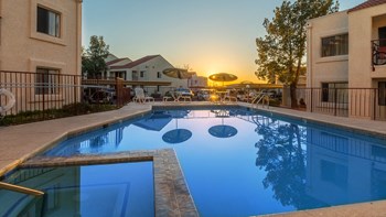 Canyon creek pool and hot tub view with plenty of relaxation areas