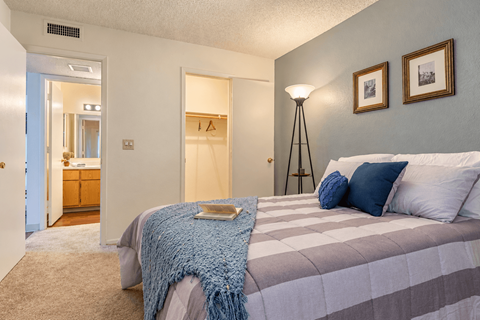 A bedroom with a bed, a lamp, and two pictures on the wall.